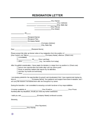 A resignation letter template with a structured format. It includes placeholders for the sender's name, address, phone number, and email, as well as the recipient's details. The letter provides options for specifying a resignation date and reasons for leaving, along with a section for expressing gratitude and commitment to a smooth transition.