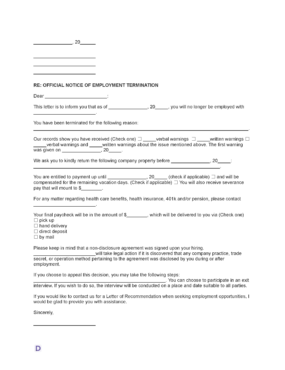 Employee Termination Letter Template with sections for termination date, reason, warnings, final pay, and return of company property. Customize and download to notify employees about employment termination.