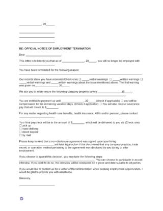 Employee Termination Letter Template with sections for termination date, reason, warnings, final pay, and return of company property. Customize and download to notify employees about employment termination.