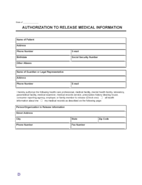 Medical Records Release Form template with fields for patient details, guardian or legal representative information, and the person or organization authorized to release medical records.