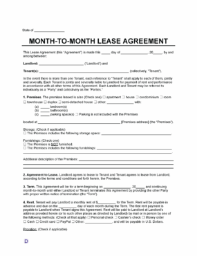 Month-to-Month Lease Agreement template with rental terms, premises details, and payment options for landlords and tenants.