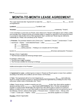 Month-to-Month Lease Agreement template with rental terms, premises details, and payment options for landlords and tenants.