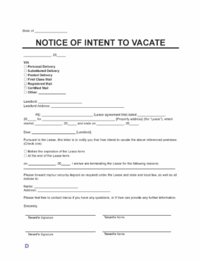Notice of Intent to Vacate template for tenants to notify landlords about ending a lease agreement, including fields for delivery method, lease details, termination date, and security deposit information.