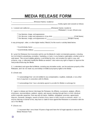 Photo Release Form template for photo and video permissions. Includes sections for granting rights for marketing, advertising, and promotional use, with options for individual or child consent.