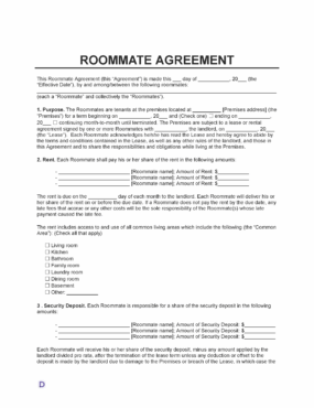 Roommate agreement template outlining rent, security deposit, and responsibilities for shared living arrangements.