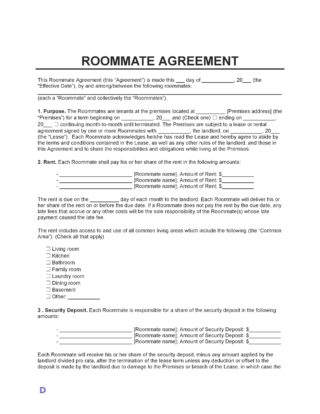 Roommate agreement template outlining rent, security deposit, and responsibilities for shared living arrangements.