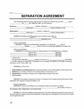 Separation Agreement Template outlining terms for property division, custody, and financial responsibilities.