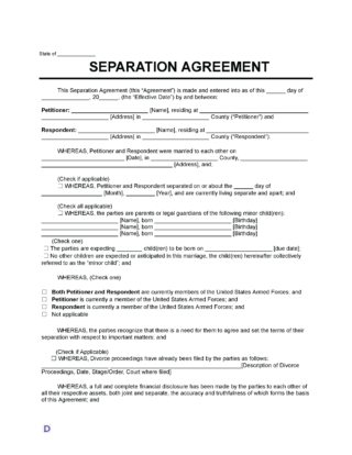 Separation Agreement Template outlining terms for property division, custody, and financial responsibilities.