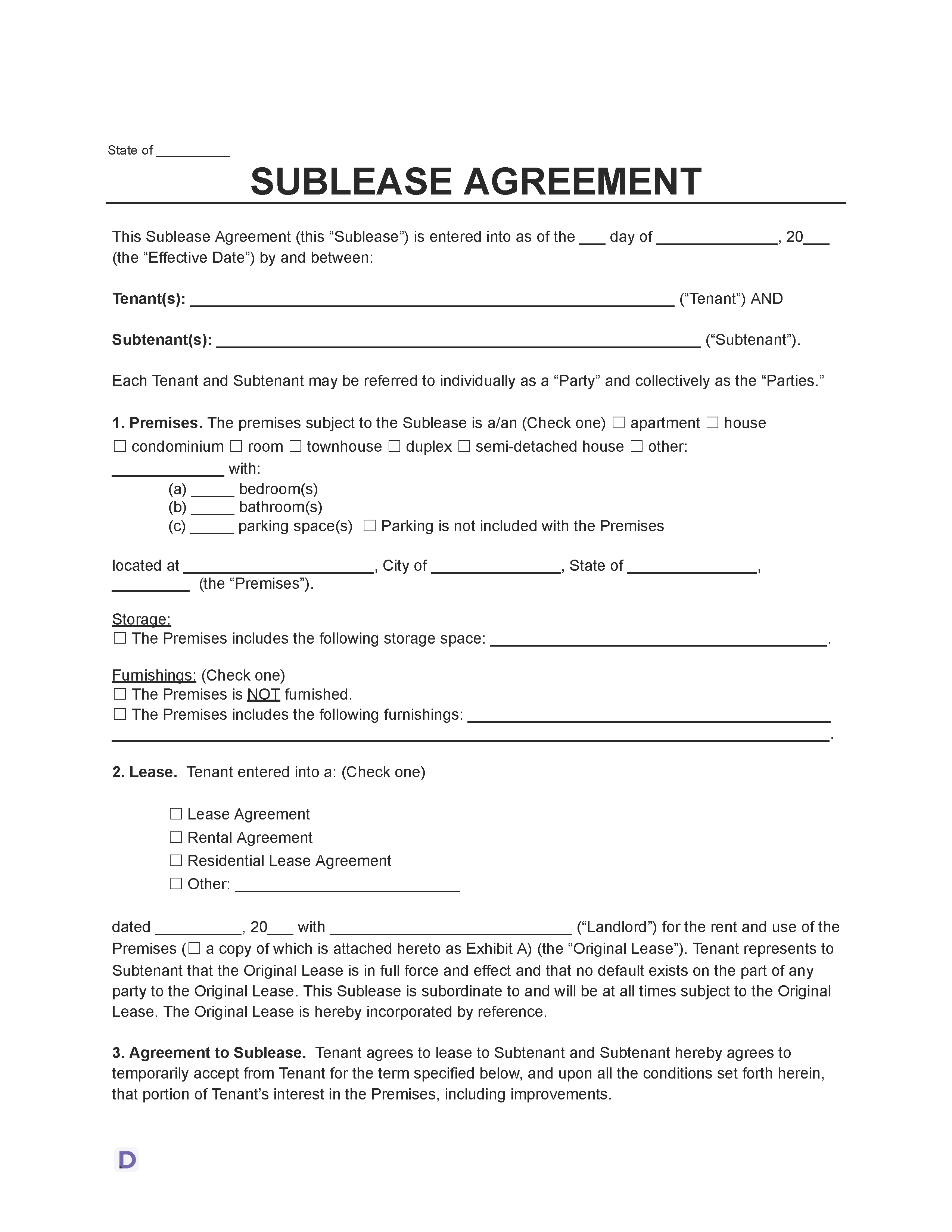Sublease Agreement Template with fields for tenant and subtenant details, premises information, lease type, and agreement terms.
