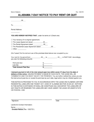 Alabama eviction notice - 7 day notice to quit for non-payment of rent