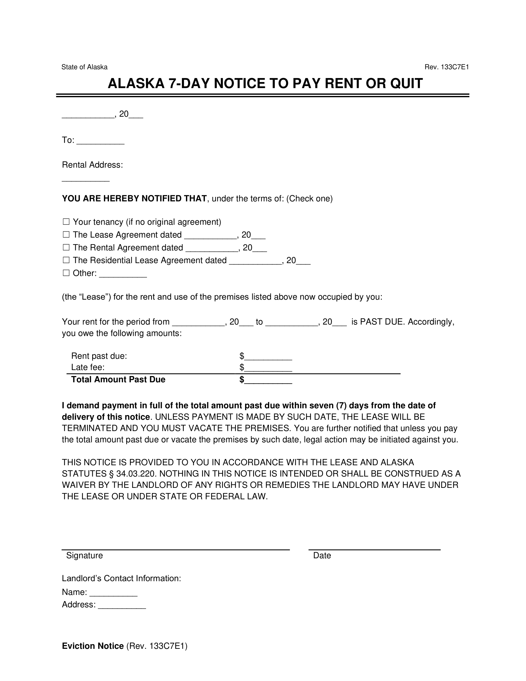 Alaska 7 day notice to quit for non-payment of rent