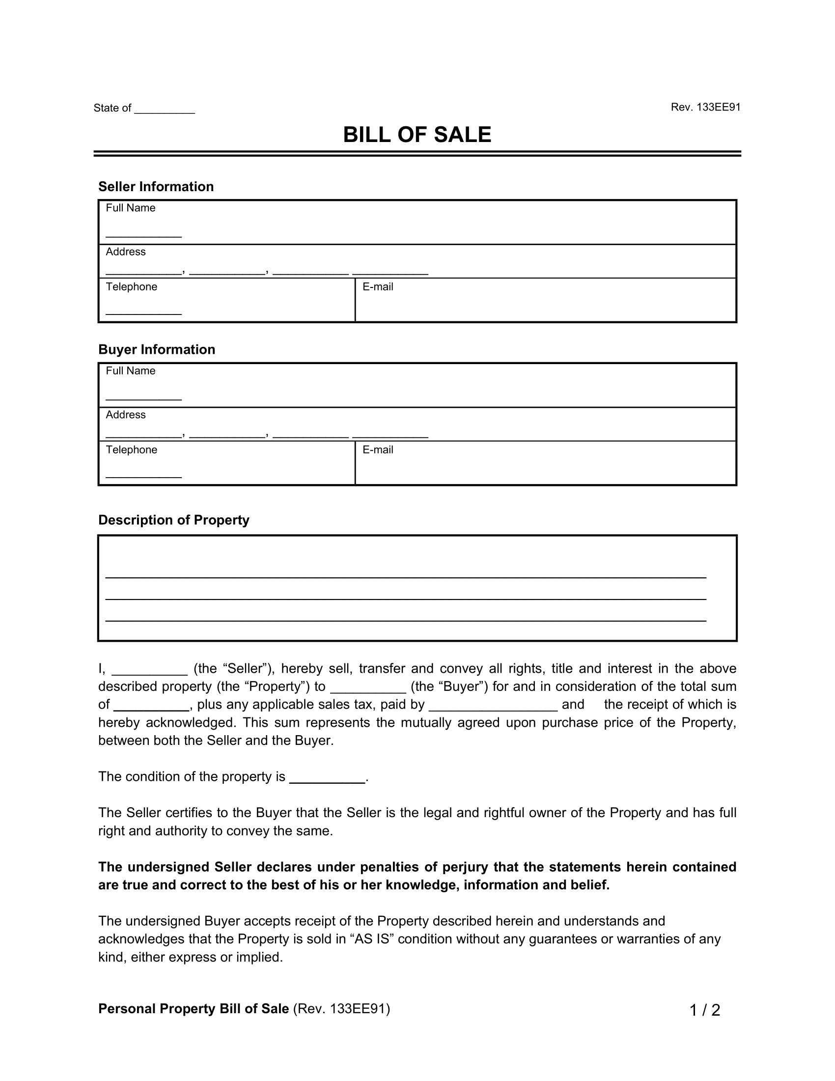 bill of sale for general transfers and use