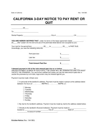 California 3 day notice to quit for non-payment of rent
