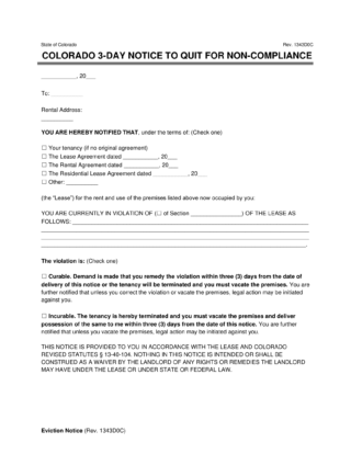 Colorado 3 day notice to quit for non compliance