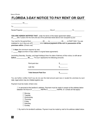 Florida 3 day eviction notice to quit for non payment of rent