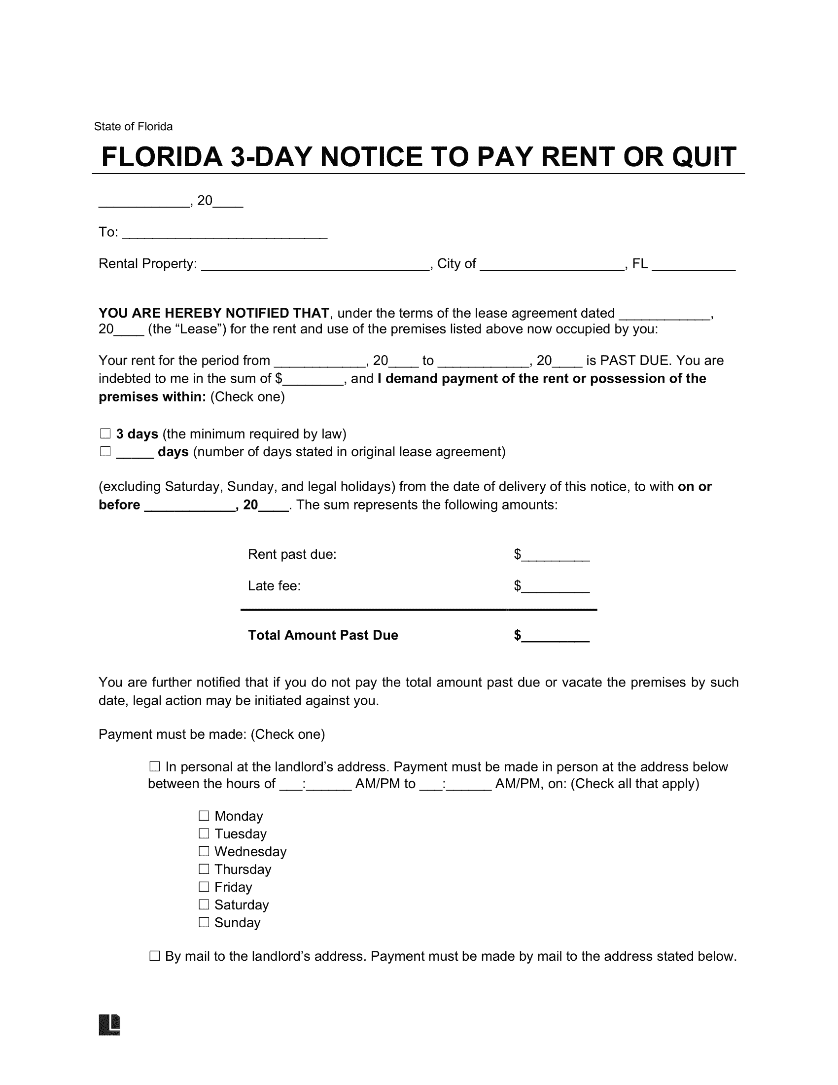 Florida 3 day eviction notice to quit for non payment of rent