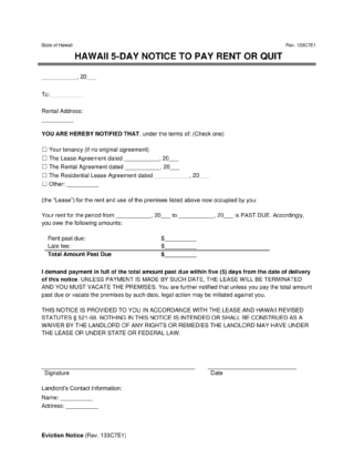 Hawaii 5 day notice to quit for non payment of rent
