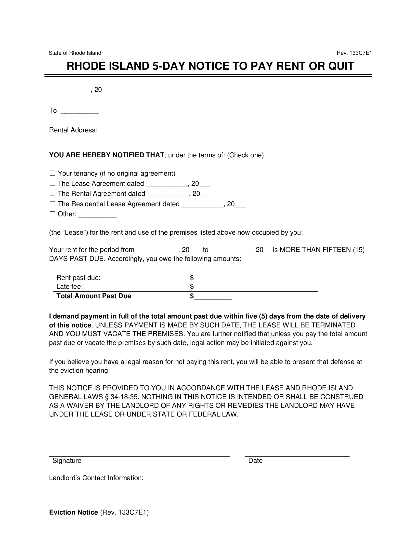 Rhode Island eviction notice - 5 day notice to quit for non-payment of rent