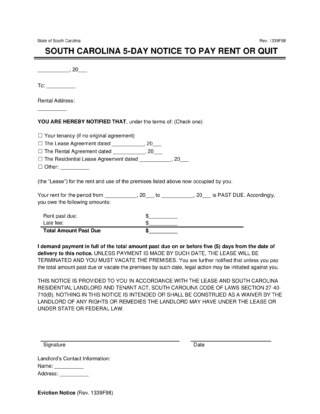 South Carolina eviction notice - 5 day notice to quit for non-payment of rent