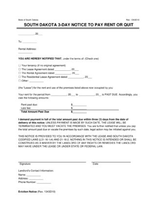 South Dakota eviction notice - 3 day notice to quit for non-payment of rent