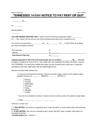 Tennessee eviction notice - 14 day notice to quit for non-payment of rent