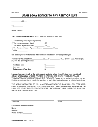 Utah eviction notice - 3 day notice to quit for non-payment of rent