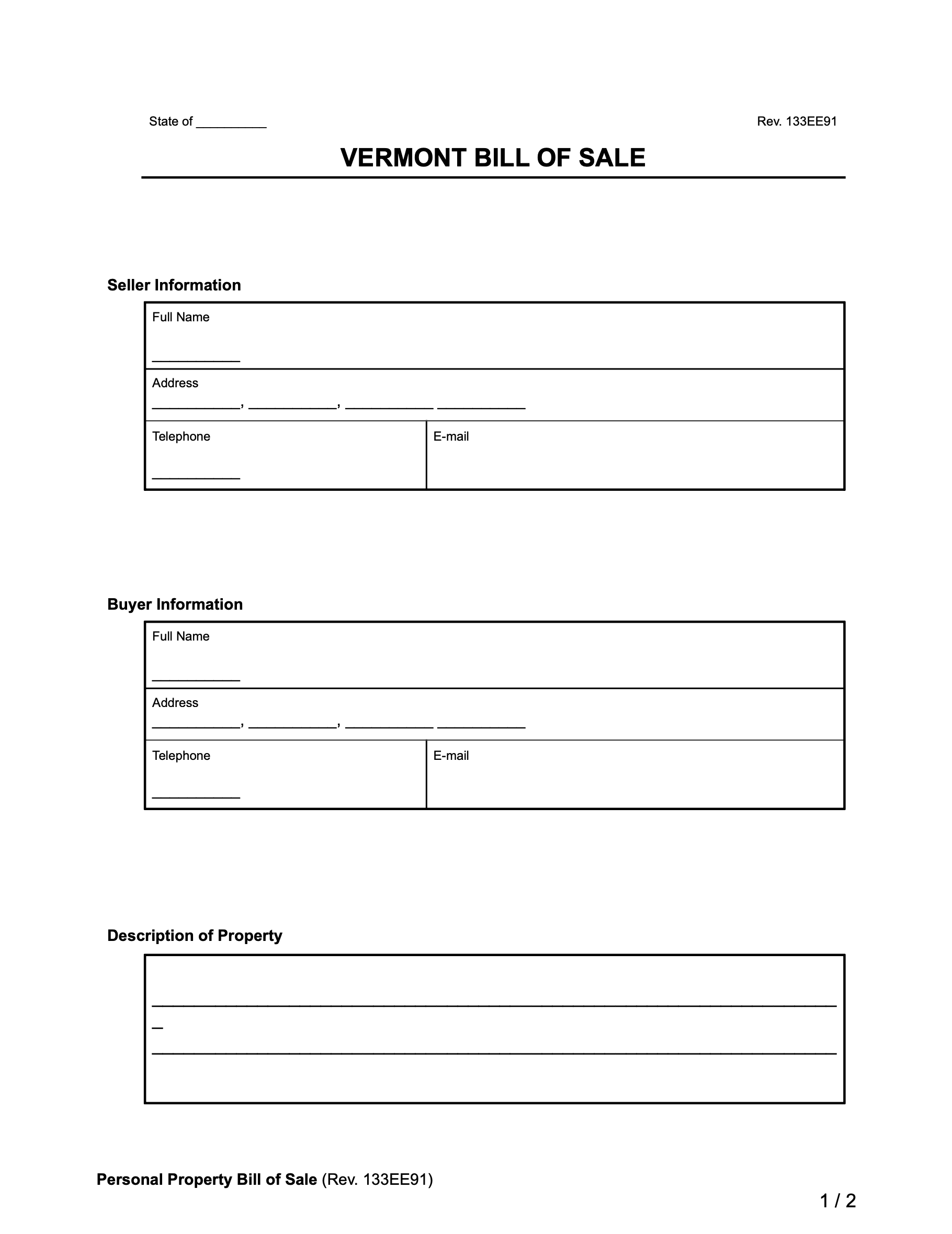 Vermont General Bill of Sale form
