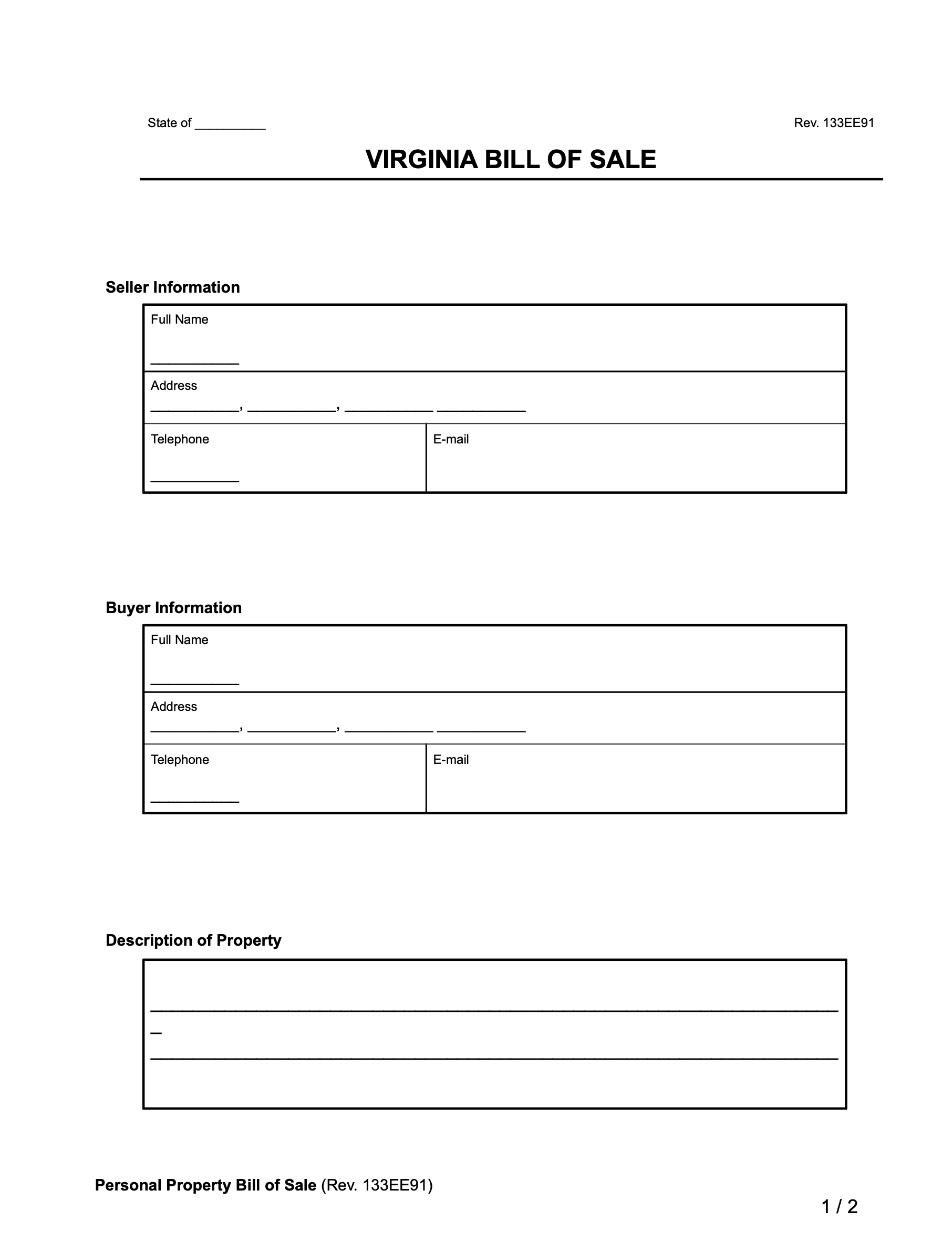 Virginia General Bill of Sale form