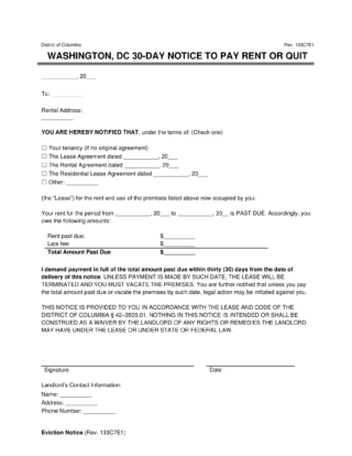 Washington, DC 30 day notice to quit for non payment of rent