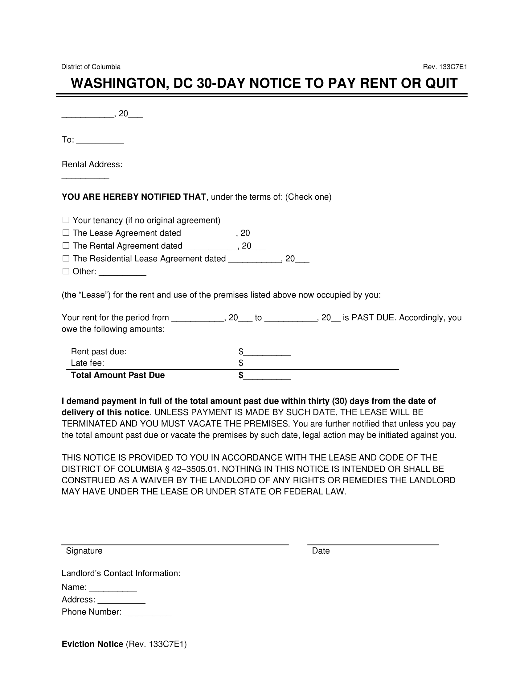 Washington, DC 30 day notice to quit for non payment of rent