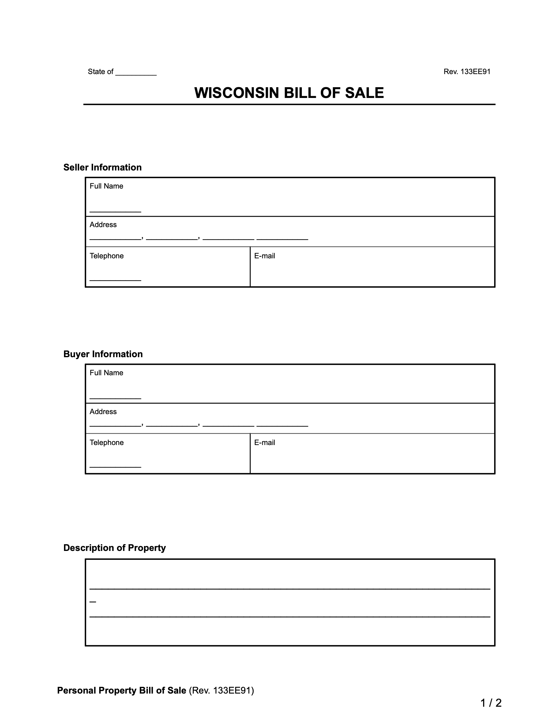 Wisconsin General Bill of Sale form