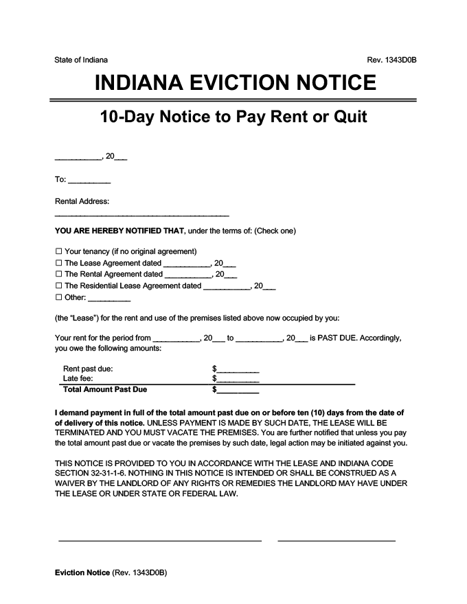 Indiana eviction notice 10 day pay rent or quit