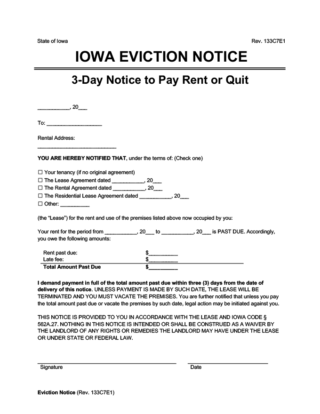 Iowa eviction notice 3 day pay rent or quit