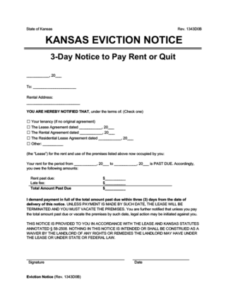 Kansas eviction notice 3 day pay rent or quit
