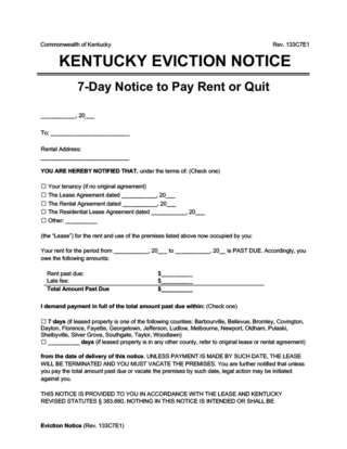 Kentucky eviction notice 7 day pay rent or quit