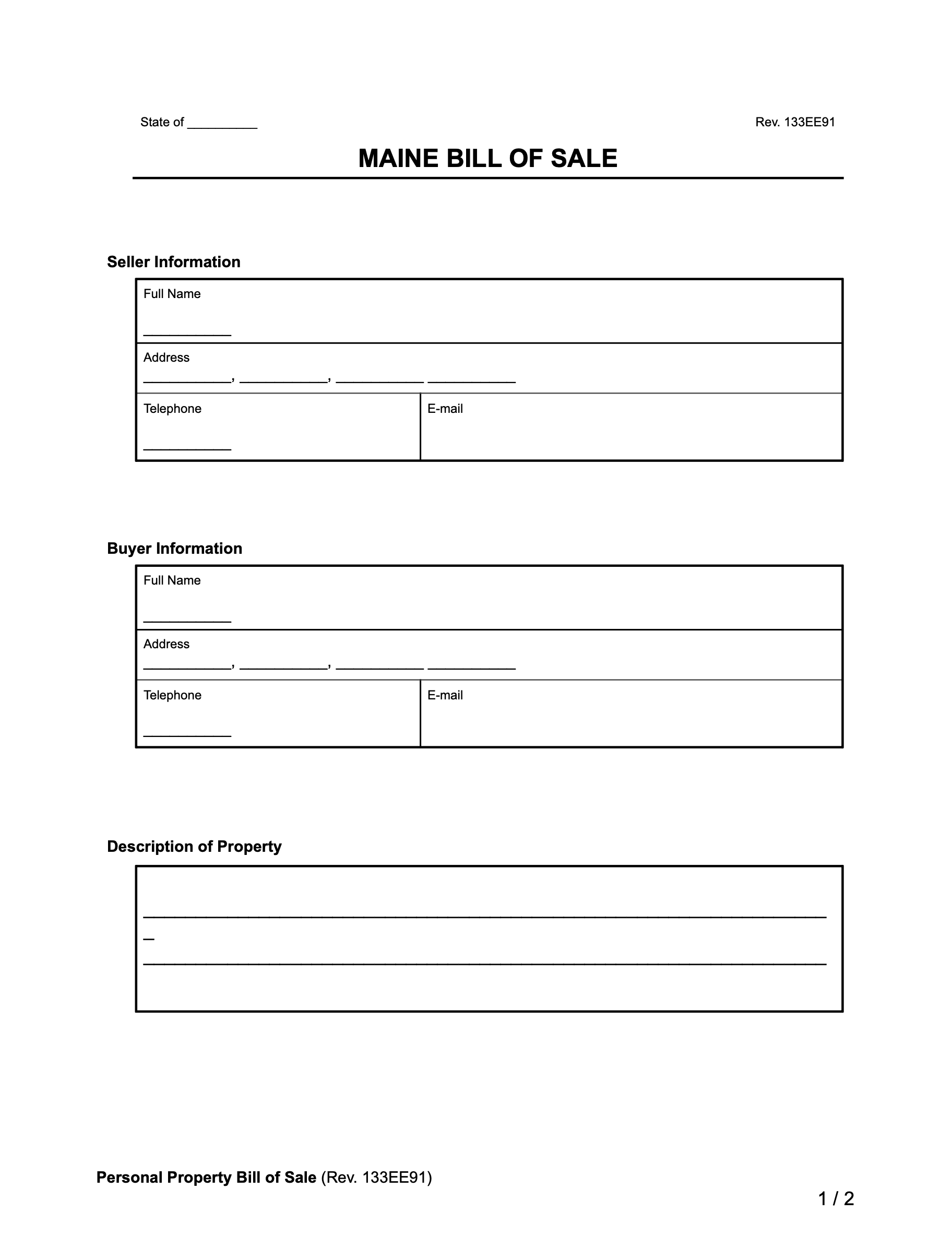 Maine Bill of Sale