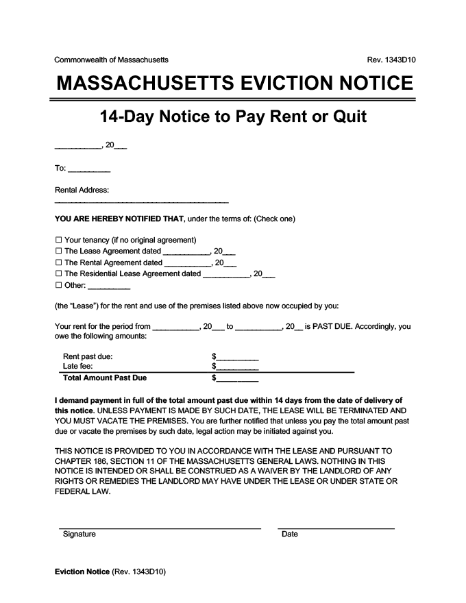 Massachusetts eviction notice 14 days to pay rent or quit