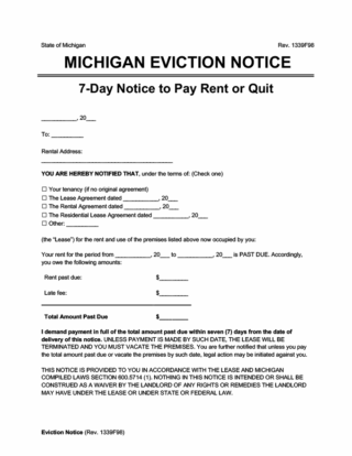Michigan eviction notice 7 day pay rent or quit