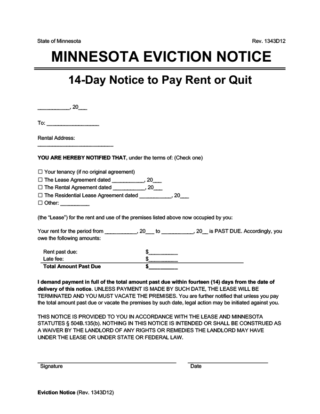Minnesota eviction notice 14 day pay rent or quit