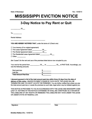 Mississippi 3-Day Eviction Notice to Quit (Non-Payment of Rent)