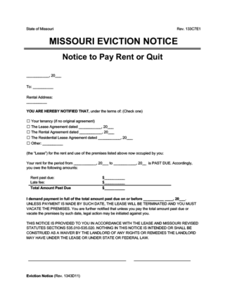 Missouri eviction notice to pay rent or quit, with spaces for tenant details, lease info, overdue rent, late fees, and landlord signature.
