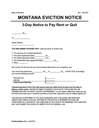 Montana eviction notice form with a 3-day notice to pay rent or quit.