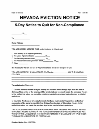 Nevada Eviction Notice 5-Day Notice to Quit for Non-Compliance