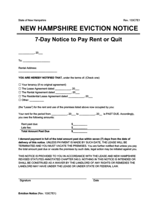 New Hampshire Eviction Notice - 7-Day Notice to Pay Rent or Quit