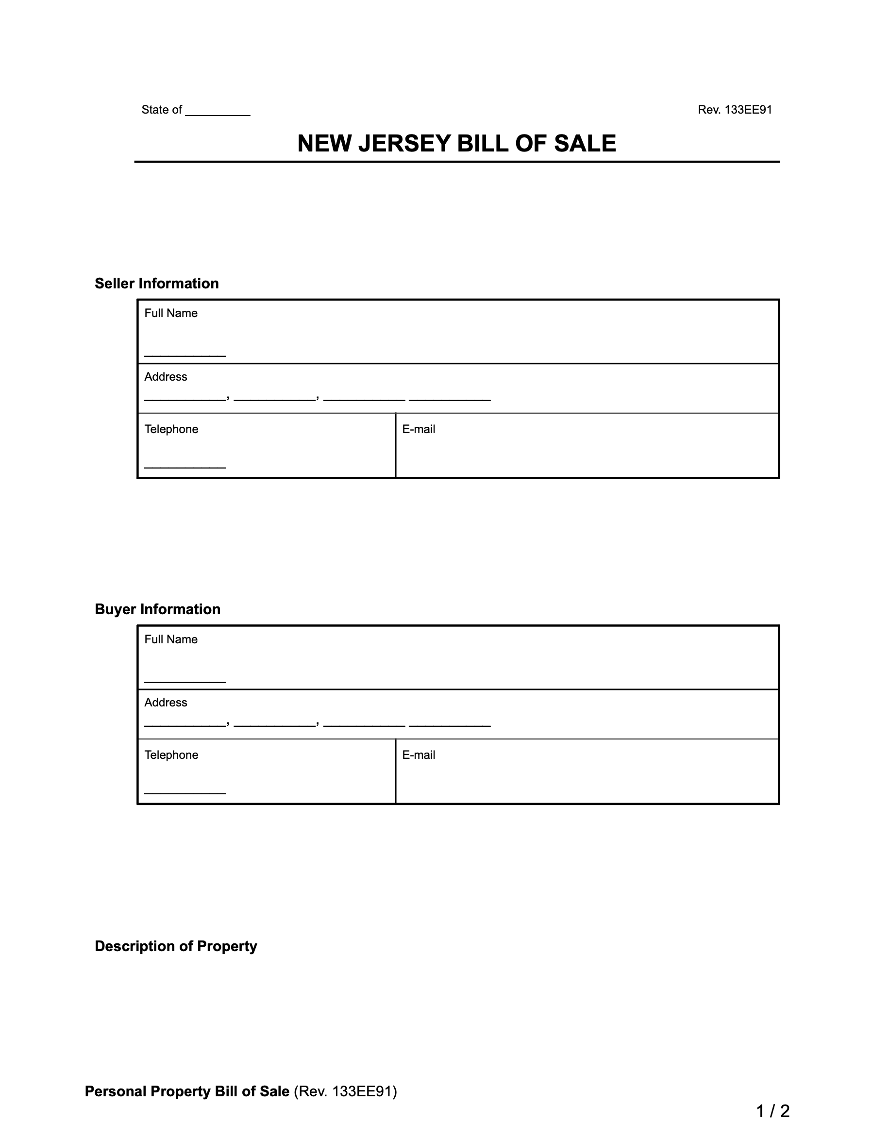 New Jersey Bill of Sale document