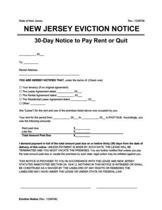 New Jersey 30 day notice to pay rent or quit.