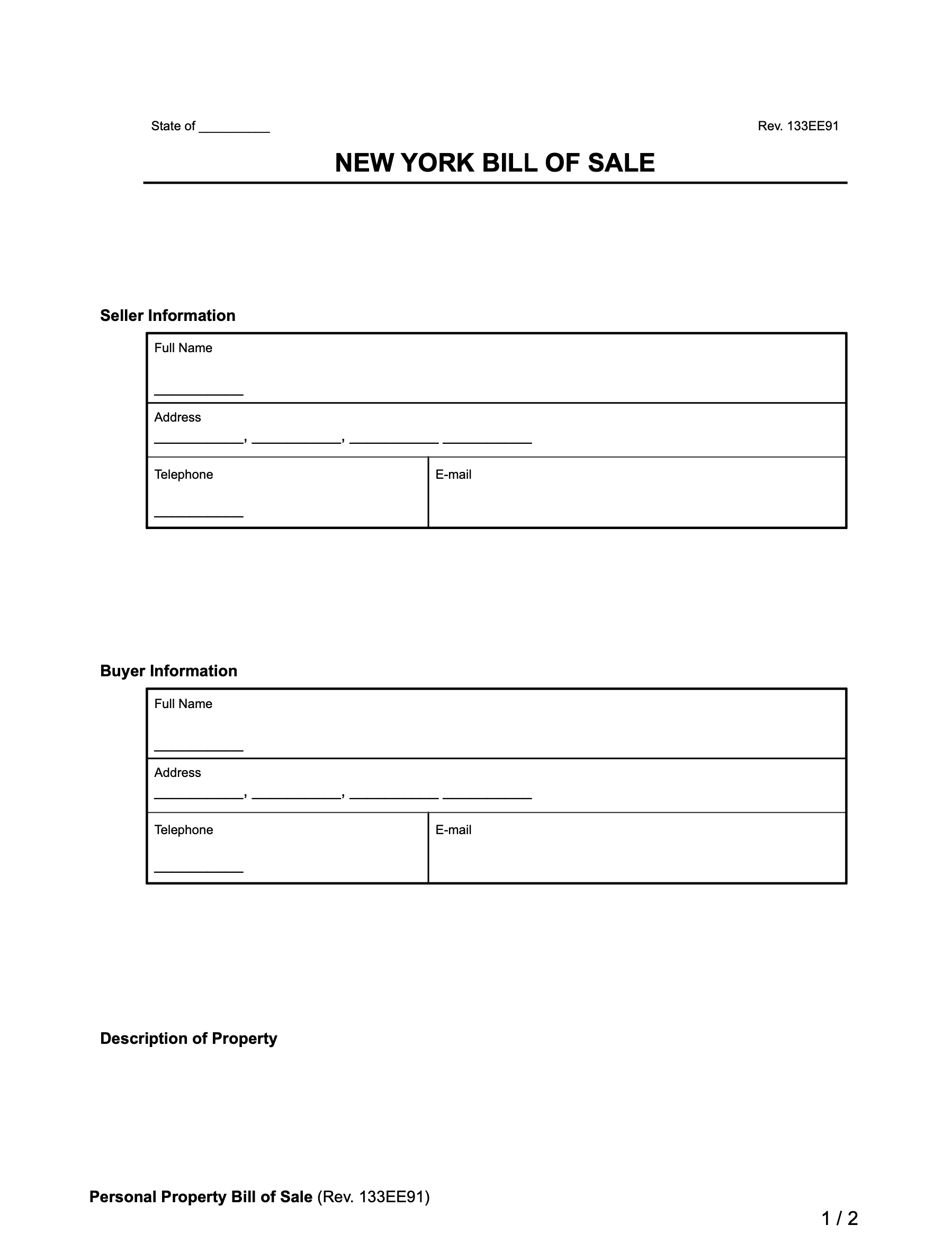 New York bill of sale template document