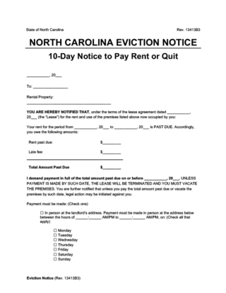 North Carolina Eviction Notice - 10-Day Notice to Pay Rent or Quit