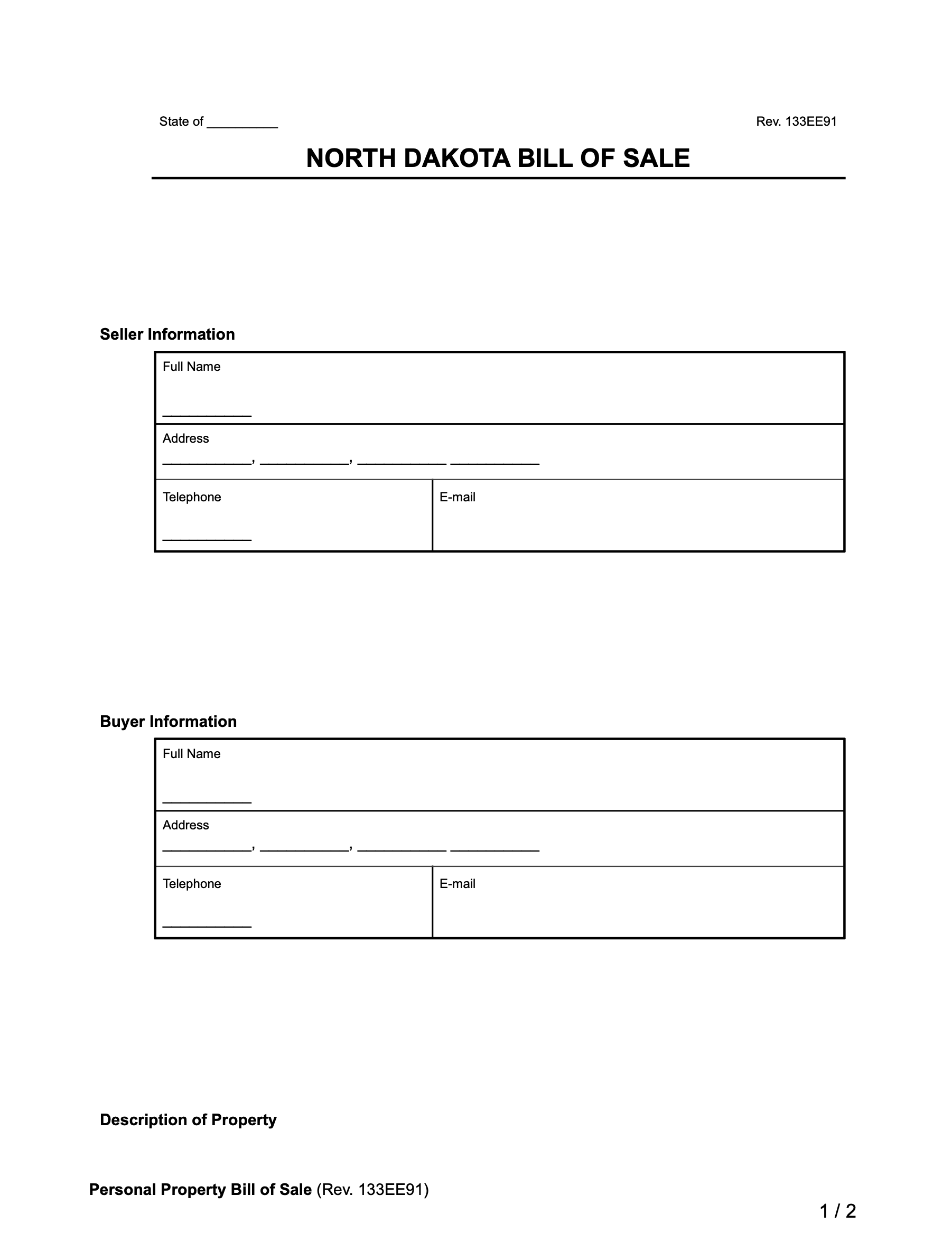 North Dakota Bill of Sale for general use