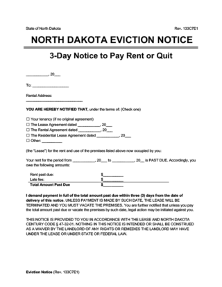 North Dakota Eviction Notice - 3-Day Notice to Pay Rent or Quit